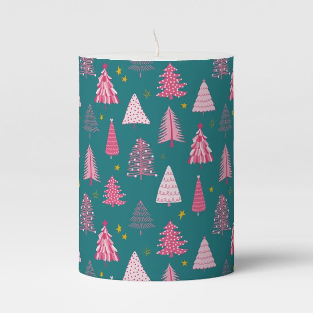 Pink & Green Christmas Tree Pattern Pillar Candle (Front)
