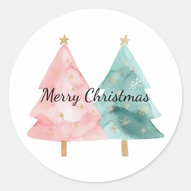 Pink Green Christmas Trees Classic Round Sticker (Front)