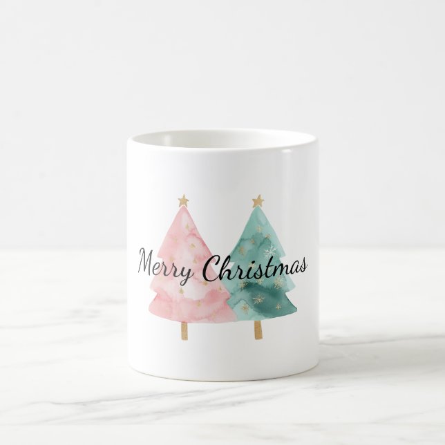Pink Green Christmas Trees Coffee Mug (Center)