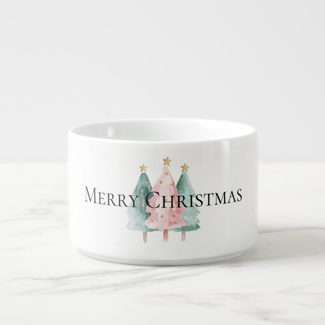 Pink Green Christmas Trees Gold Stars Bowl (Center)