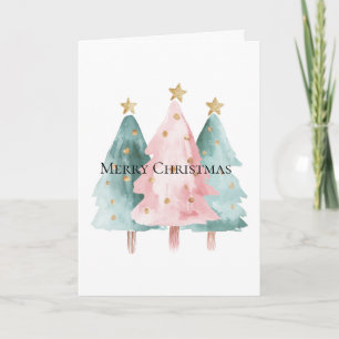 Pink Green Christmas Trees Gold Stars Card