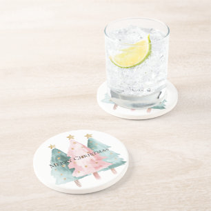 Pink Green Christmas Trees Gold Stars Coaster