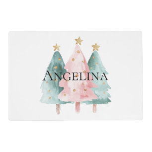 Pink Green Christmas Trees Gold Stars Placemat