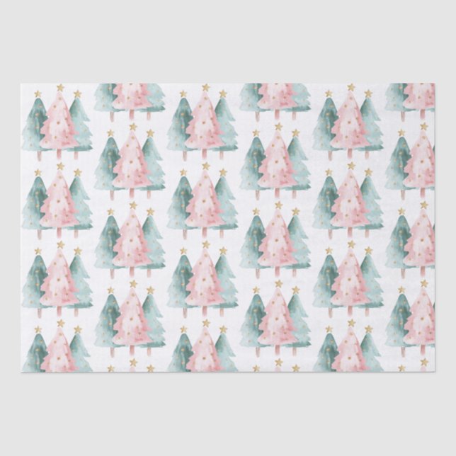 Pink Green Christmas Trees Gold Stars Tissue Paper (Front)