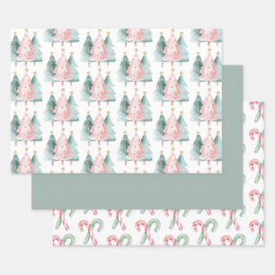 Pink Green Christmas Trees Gold Stars Wrapping Paper Sheets