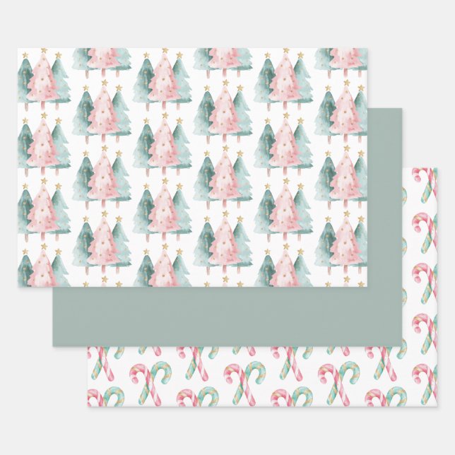 Pink Green Christmas Trees Gold Stars Wrapping Paper Sheets (Set)