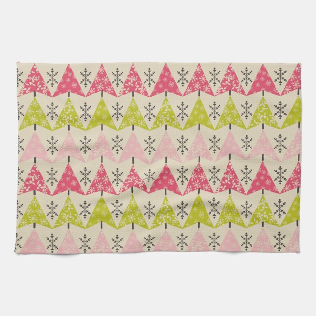 Pink & green Christmas trees. Kitchen Towel (Horizontal)