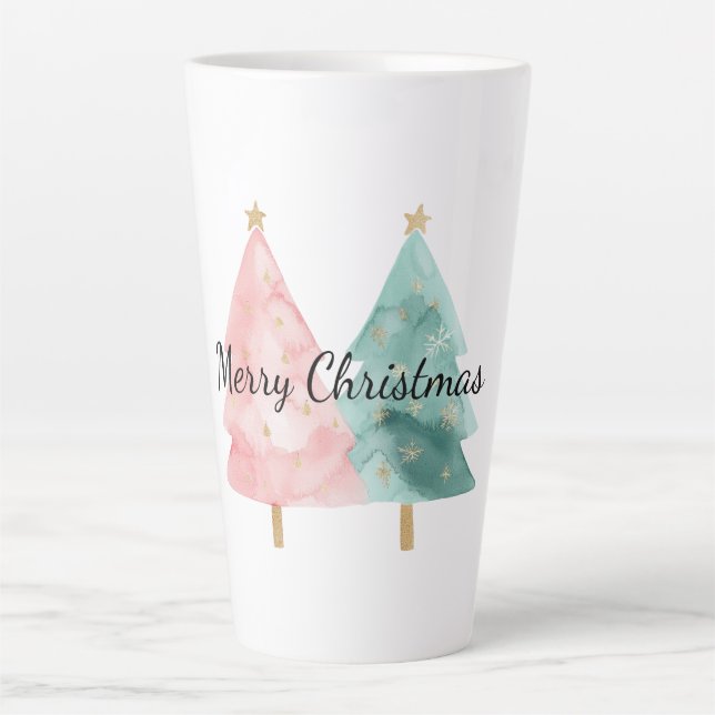 Pink Green Christmas Trees Latte Mug (Front)