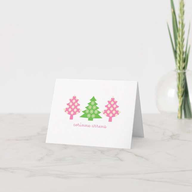 Pink & Green Christmas Trees Note Cards (Front)