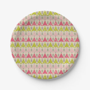 Pink & green Christmas trees Paper Plates