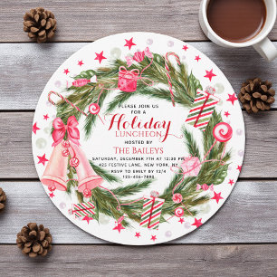 Pink Green Christmas Wreath Holiday Luncheon Invitation