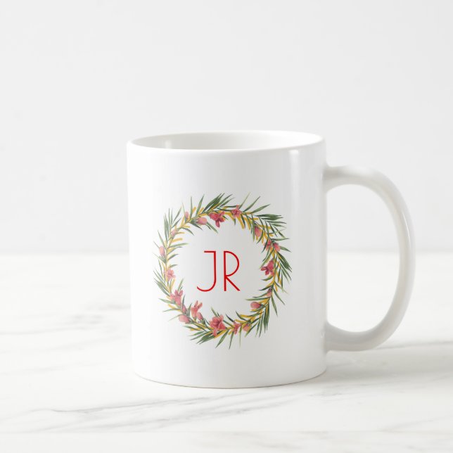 Pink & Green Christmas Wreath Monogram Coffee Mug (Right)