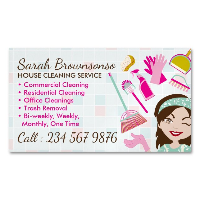 Pink Green Cleaning Service Lady Tile Washing Business Card Magnet (Front)