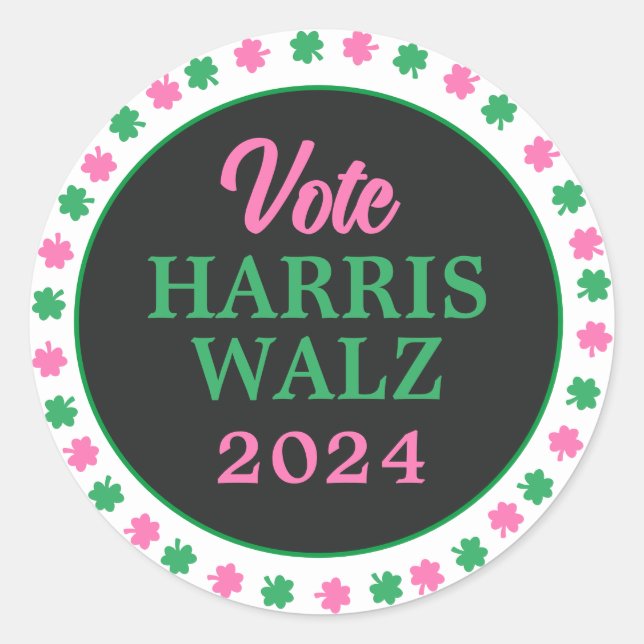Pink Green Clover 2024 Vote Harris Walz Classic Round Sticker (Front)