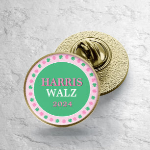 Pink Green Clover 2024 Vote Harris Walz Gold Finish Lapel Pin