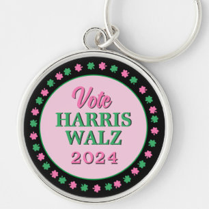 Pink Green Clover 2024 Vote Harris Walz Keychain