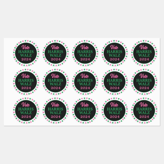 Pink Green Clover 2024 Vote Harris Walz  Labels (Sheet)