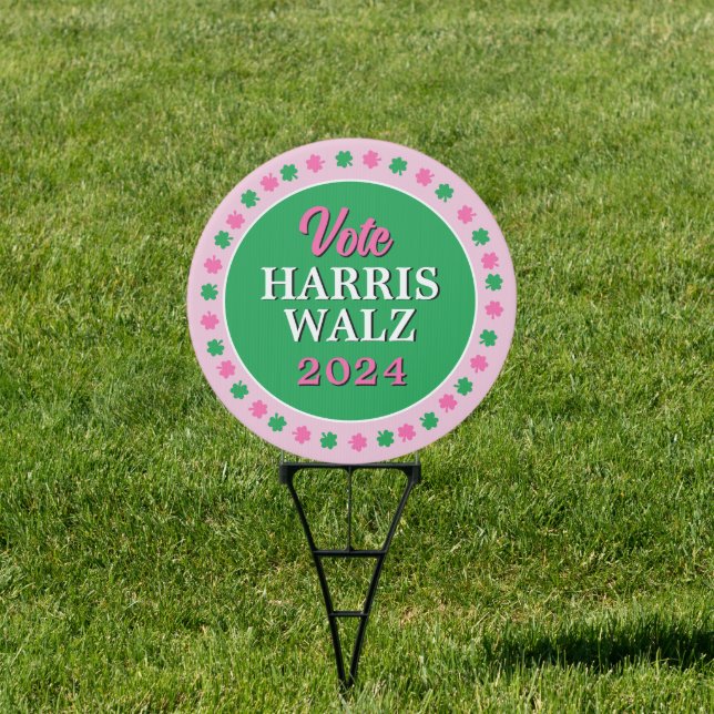 Pink Green Clover 2024 Vote Harris Walz Yard Sign (Insitu)