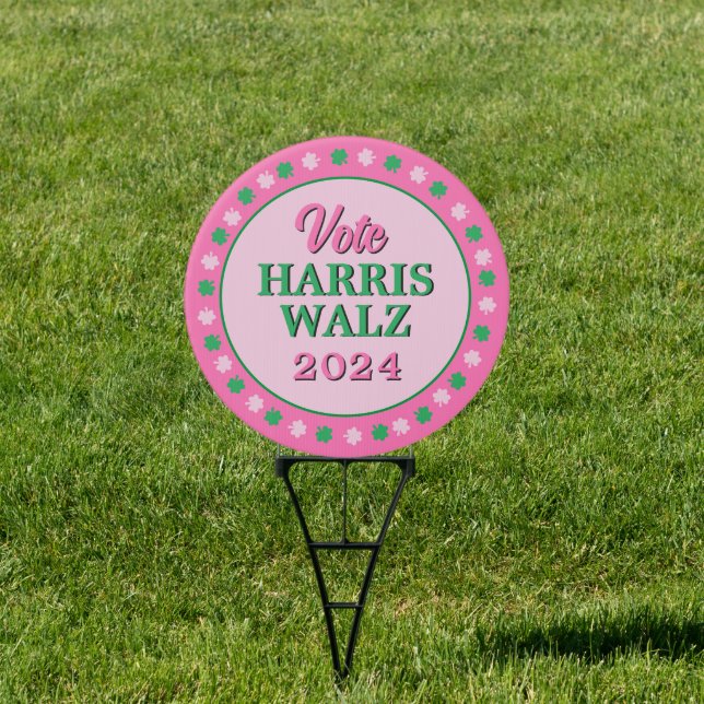 Pink Green Clover 2024 Vote Harris Walz Yard Sign (Insitu)