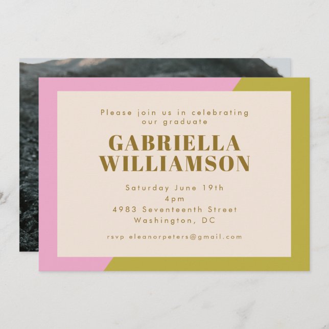 Pink Green Color Block 1 Photo Graduation Party  Invitation (Front/Back)