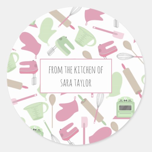 Pink  Green Cooking Pattern From The Kitchen Of Classic Round Sticker