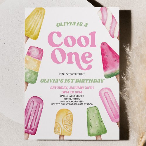 Pink Green Cool One Popsicle 1st Birthday Party Invitation