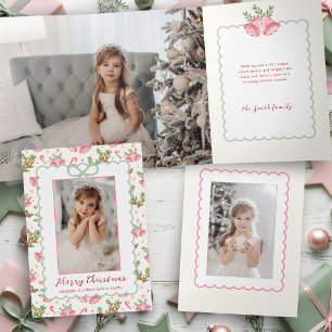 Pink/Green Coquette Bow Photo Scalloped Christmas Tri-Fold Card