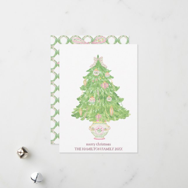 Pink & Green Coquette Bow Preppy Christmas Holiday Card (Front/Back In Situ)