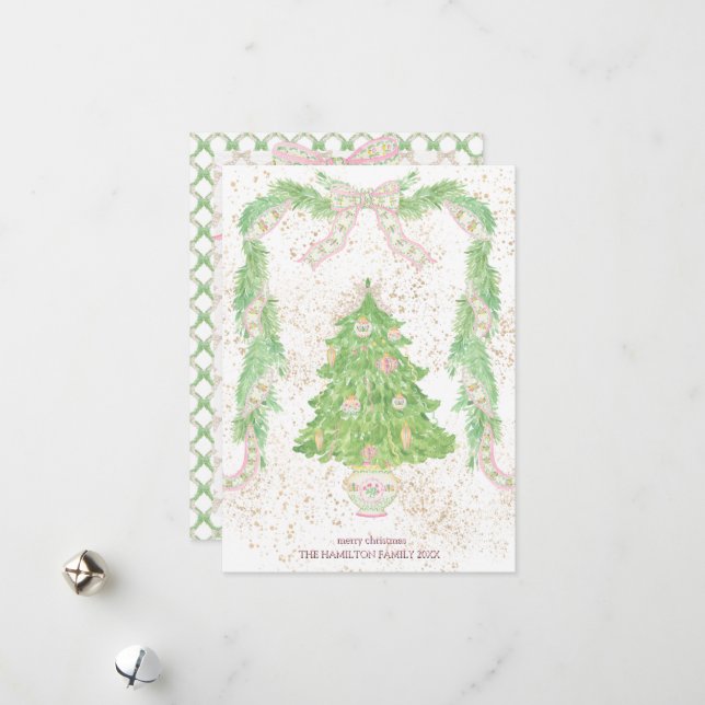 Pink & Green Coquette Bow Preppy Christmas Holiday Card (Front/Back In Situ)
