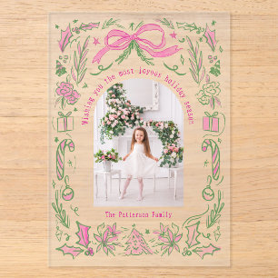 Pink Green Coquette Christmas Family Photo Doodles Acrylic Invitations