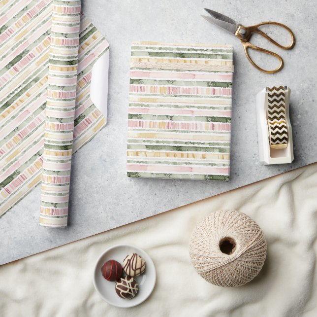 Pink Green Cream Stripes Birthday Wrapping Paper (Crafts)