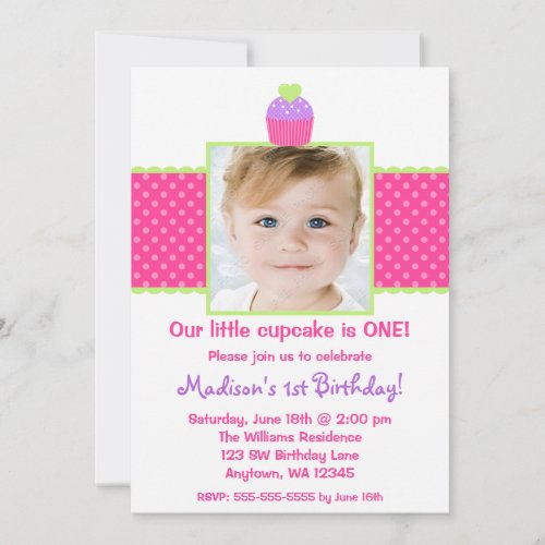 Pink Green Cupcake 1st Birthday Girl Photo Invites