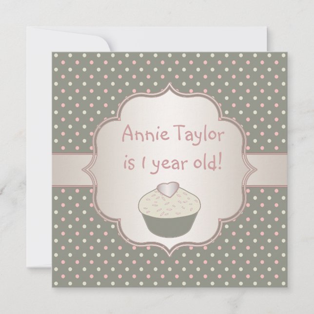 Pink Green Cupcake 1st Birthday Party Invitation (Front)