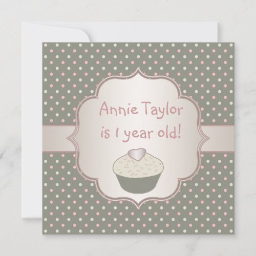 Pink Green Cupcake 1st Birthday Party Invitation