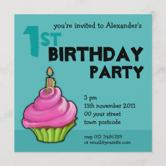 Pink & Green Cupcake aqua 1st Birthday Invitation