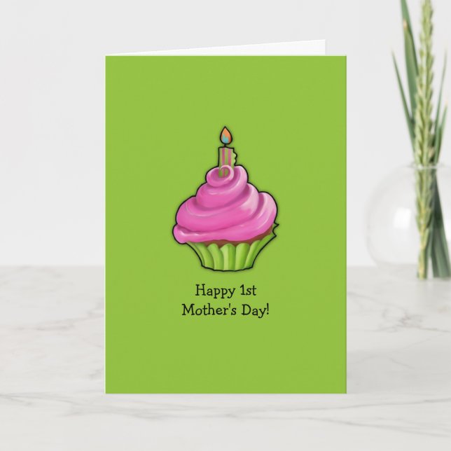 Pink & Green Cupcake green 1st Mother's Day Card (Front)