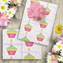 Pink Green Cupcakes 50th Birthday  Wrapping Paper Sheets