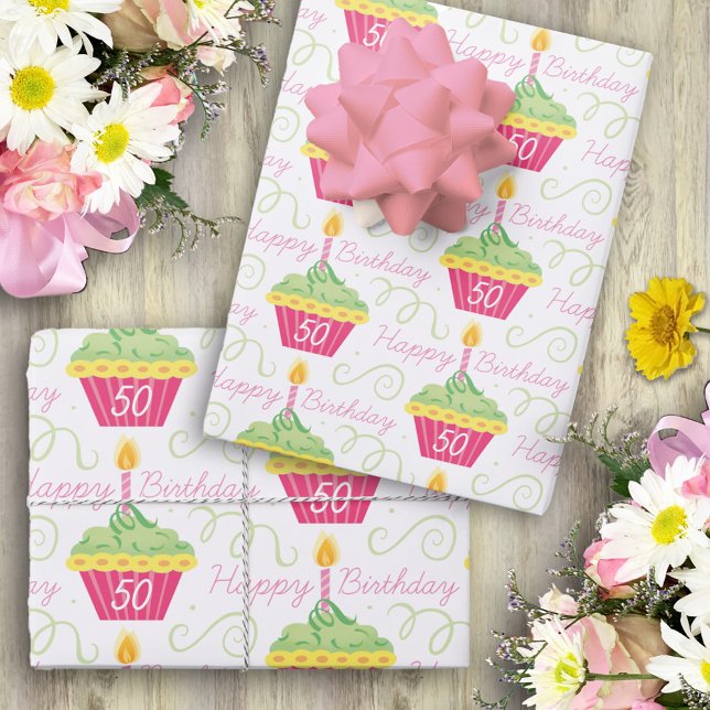 Pink Green Cupcakes 50th Birthday  Wrapping Paper Sheets (Creator Uploaded)
