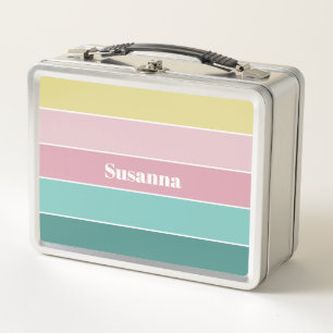 Pink Green Custom Summer Color Block Stripes Metal Lunch Box
