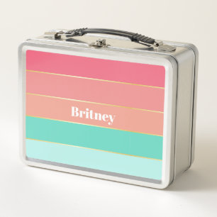 Pink Green Custom Summer Color Block Stripes Metal Lunch Box