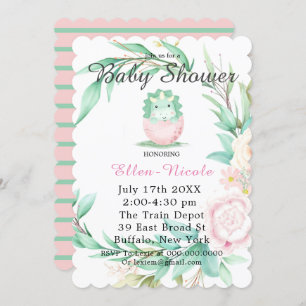 Pink Green Cute Dinosaur Peony Baby Shower Invites