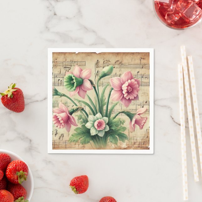 Pink & Green Daffodils Vintage Music Découpage Napkins (Insitu)