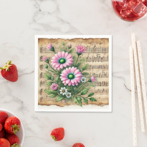 Pink &amp; Green Daisies Vintage Sheet Music Découpage Napkins