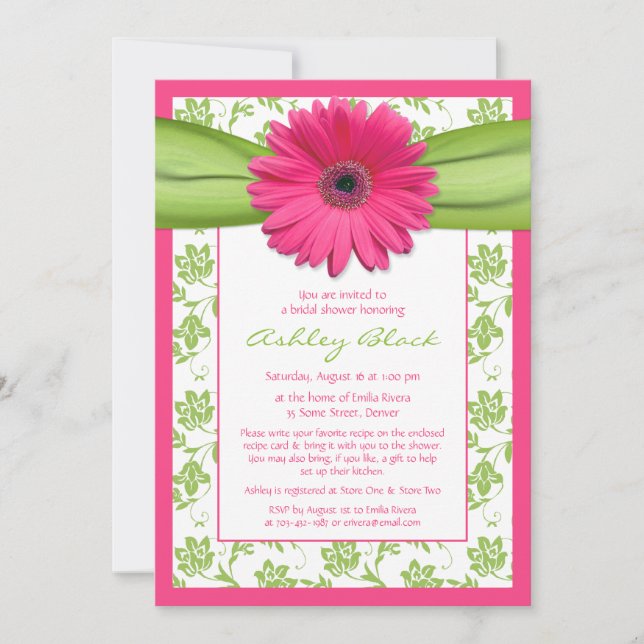Pink Green Daisy Damask Bridal Shower Invitation (Front)