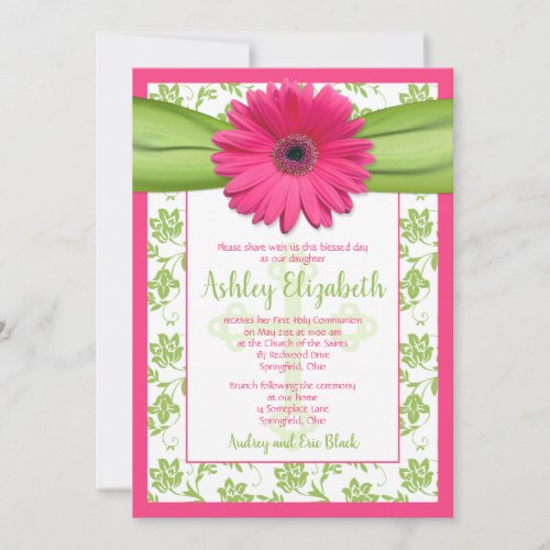 Pink Green Daisy Damask First Communion Invitation