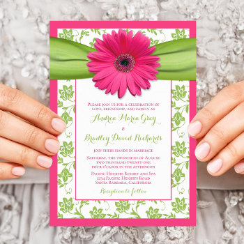 Pink Green Daisy Floral Damask Wedding Invitation by wasootch at Zazzle