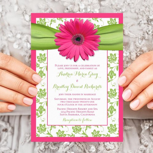 Pink and Green Floral Damask Wedding Invitation