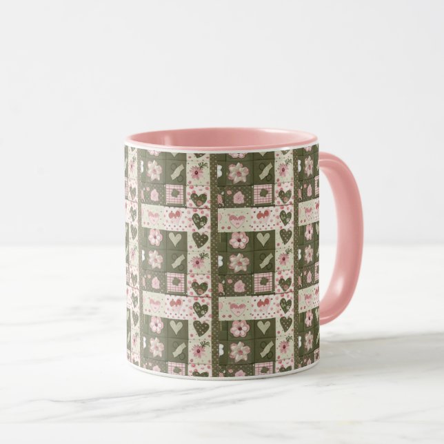 Pink & Green Daisy Floral & Heart Quilt Pattern Mug (Front Right)