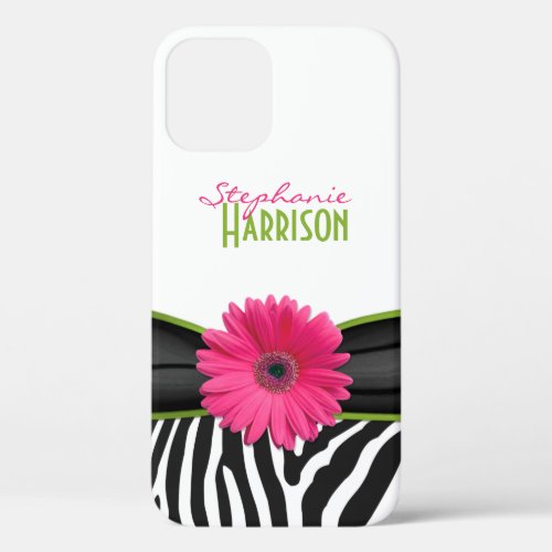 Pink Green Daisy Zebra Print Personalized iPhone 12 Case