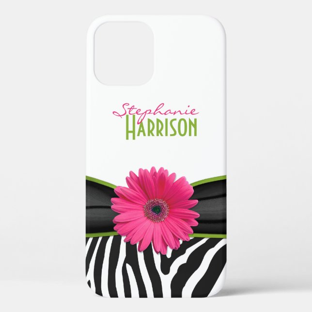 Pink Green Daisy Zebra Print Personalized Case-Mate iPhone Case (Back)